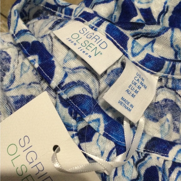 SIGRID OLSEN 100% Linen Blue Patterned Tank Top - Picture 5 of 5